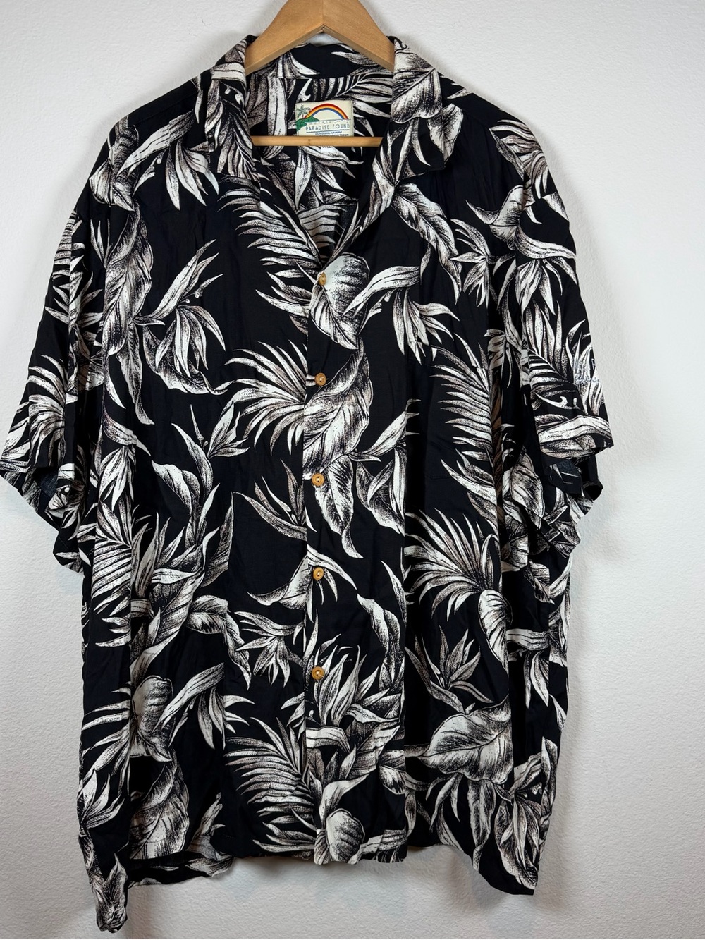 VTG 3XL Paradise Found Shirt Mens Black Cream Leaf Hawaiian Button Up Magnum PI